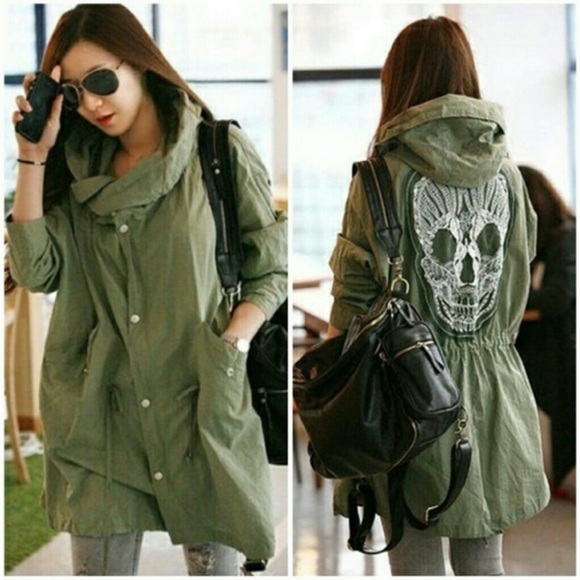 Jackets & Blazers - Army Green Hooded Drawstring Jacket with Lace Skull Back